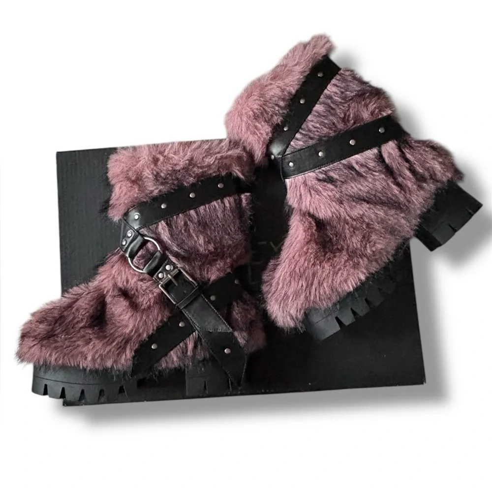Dolls Kill Pink Faux Fur Platform Boots with Black Strap Details